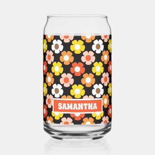 Retro Fall Autumn Flowers Pattern Black Can Glass