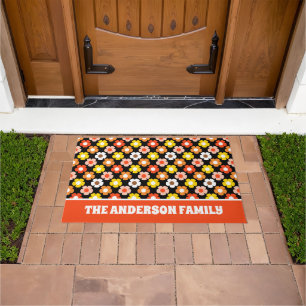 Retro Fall Autumn Flowers Pattern Black Doormat