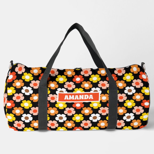 Retro Fall Autumn Flowers Pattern Black Duffle Bag (Front)