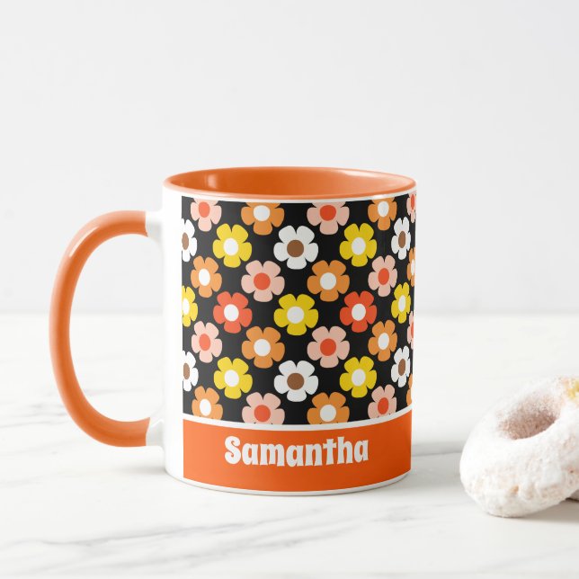 Retro Fall Autumn Flowers Pattern Black Mug (With Donut)