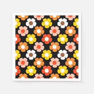 Retro Fall Autumn Flowers Pattern Black Napkin