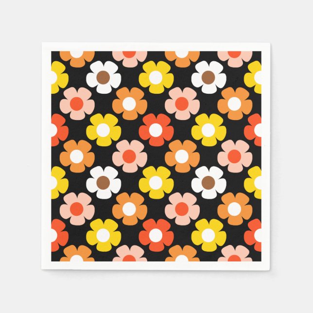 Retro Fall Autumn Flowers Pattern Black Napkin (Front)
