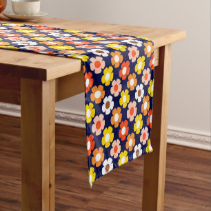 Retro Fall Autumn Flowers Pattern Blue Short Table Runner
