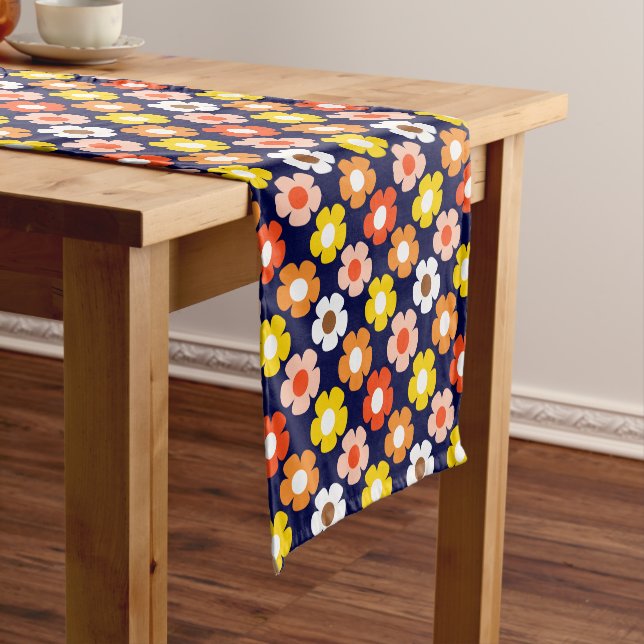 Retro Fall Autumn Flowers Pattern Blue Short Table Runner (In Situ)
