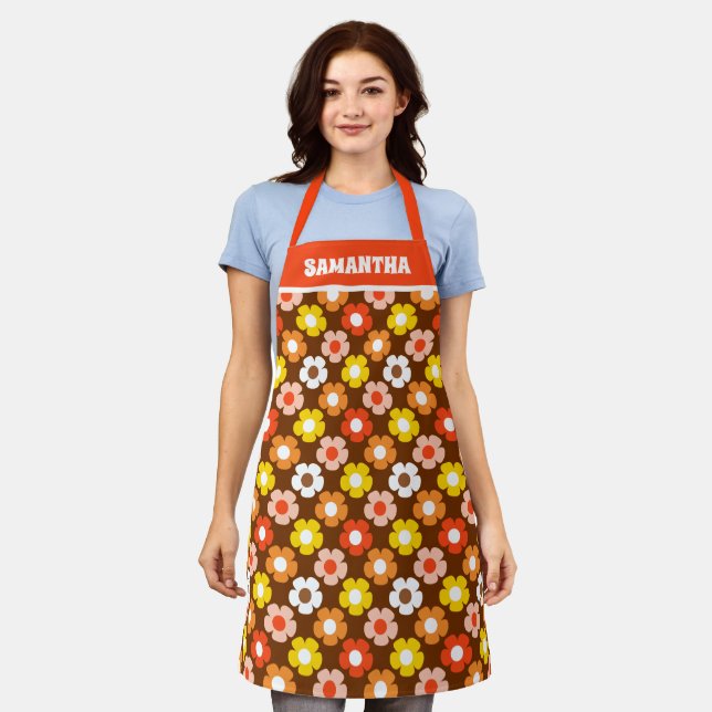 Retro Fall Autumn Flowers Pattern Brown Apron (Worn)