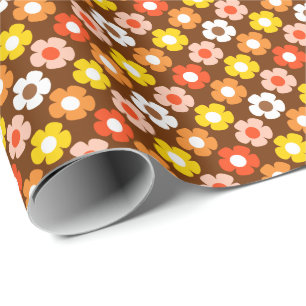 Retro Fall Autumn Flowers Pattern Brown Wrapping Paper