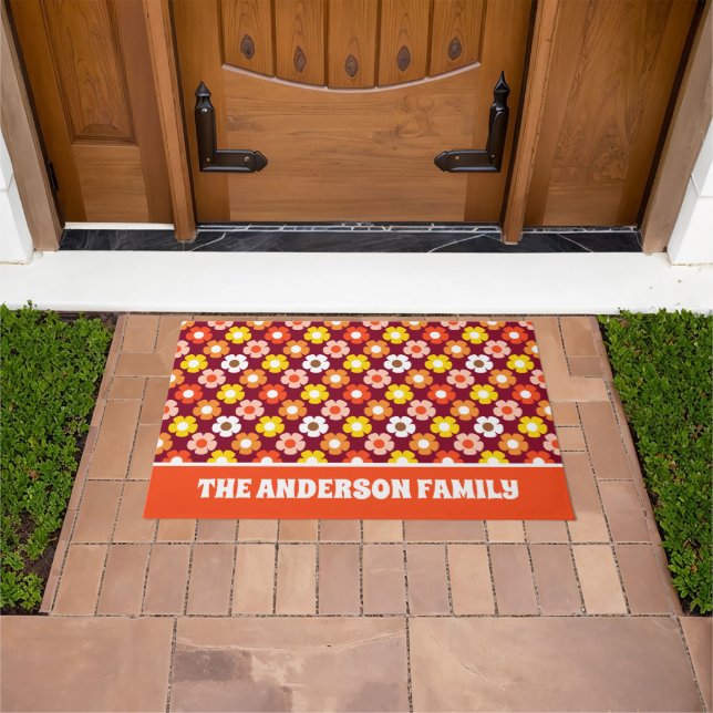 Retro Fall Autumn Flowers Pattern Burgundy Doormat (Outdoor)