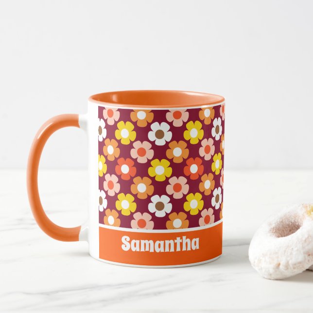 Retro Fall Autumn Flowers Pattern Burgundy Mug (With Donut)
