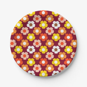 Retro Fall Autumn Flowers Pattern Burgundy Paper Plate
