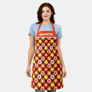 Retro Fall Autumn Flowers Pattern Red Apron