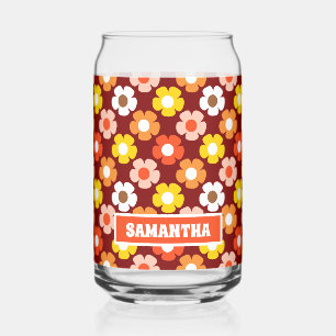Retro Fall Autumn Flowers Pattern Red Can Glass
