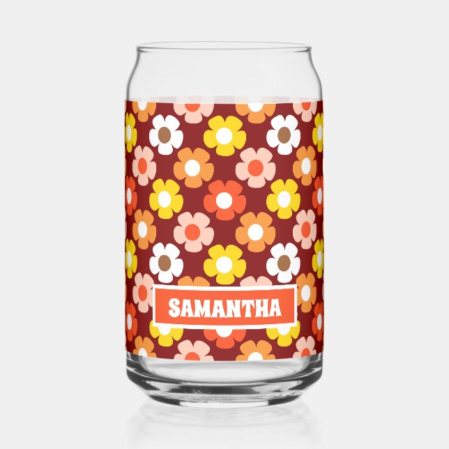 Retro Fall Autumn Flowers Pattern Red Can Glass (Left)