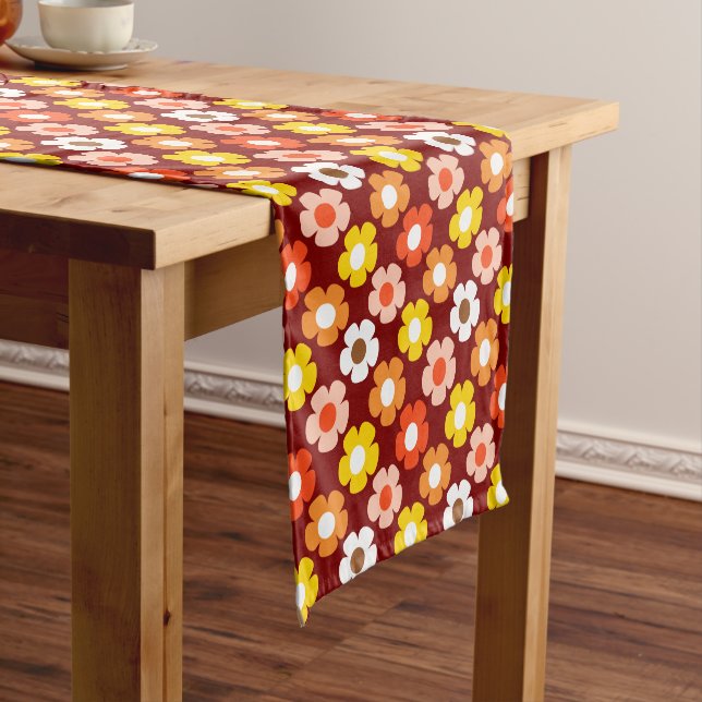 Retro Fall Autumn Flowers Pattern Red Short Table Runner (In Situ)