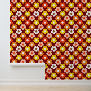 Retro Fall Autumn Flowers Pattern Red Wallpaper