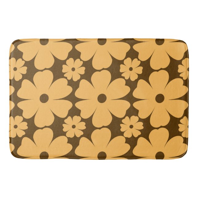 Retro Fall Daisy Floral Pattern Warm Earthy Brown Bath Mat (Front)