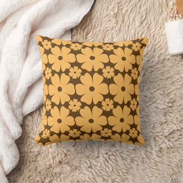 Retro Fall Daisy Floral Pattern Warm Earthy Brown Cushion (Blanket)