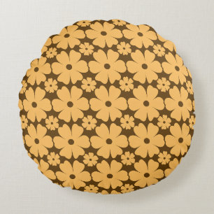 Retro Fall Daisy Floral Pattern Warm Earthy Brown Round Cushion