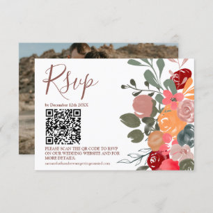 Retro fall floral watercolor photo QR wedding RSVP