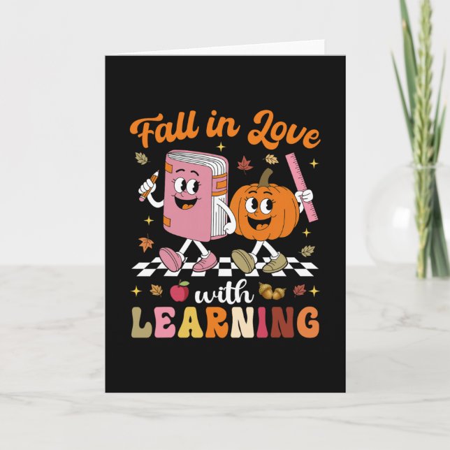 Retro Fall In Love With Learning Autumn Pumpkin Te Card (Front)