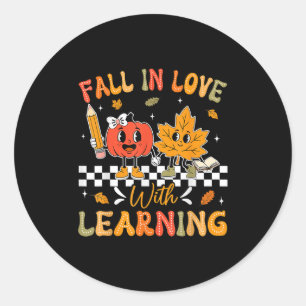 Retro Fall In Love With Learning Autumn Pumpkin Te Classic Round Sticker