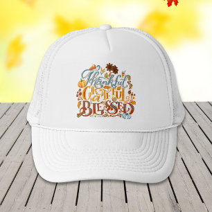 Retro Fall Thankful Grateful Blessed Typography Trucker Hat