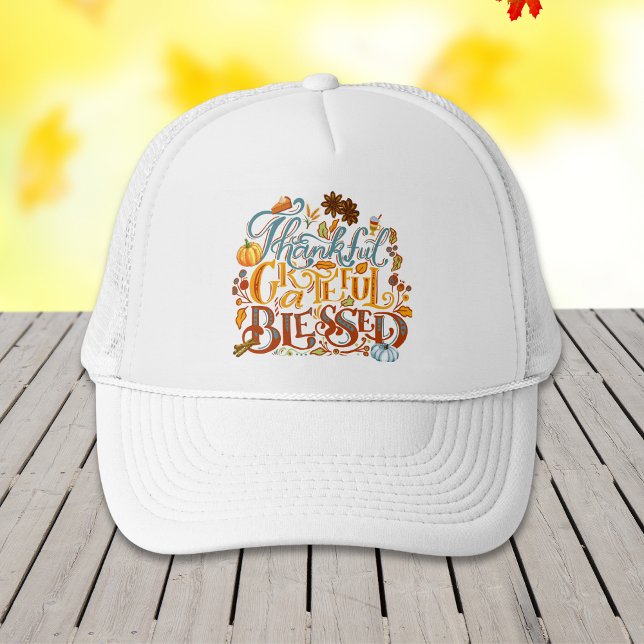 Retro Fall Thankful Grateful Blessed Typography Trucker Hat (Creator Uploaded)