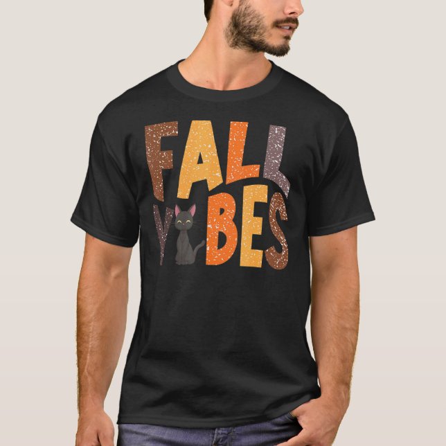 Retro Fall Vibes Black Cat Happy Fall Autumn Thank T-Shirt (Front)