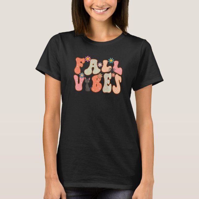Retro Fall Vibes Floral Black Cat Happy Fall Thank T-Shirt (Front)