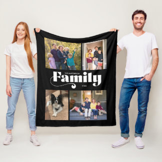 Retro Family 4 Photo Collage Black Background Fleece Blanket