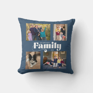 Retro Family 4 Photo Collage Blue Cushion