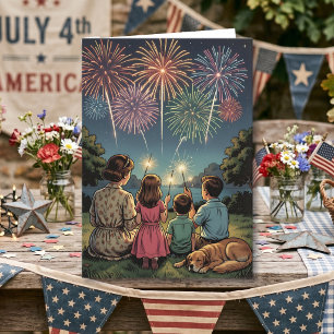 Retro Family and Dog   Happy Fourth of July Card