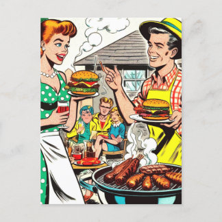 Retro Family Barbecue Comics Illustration Postcard