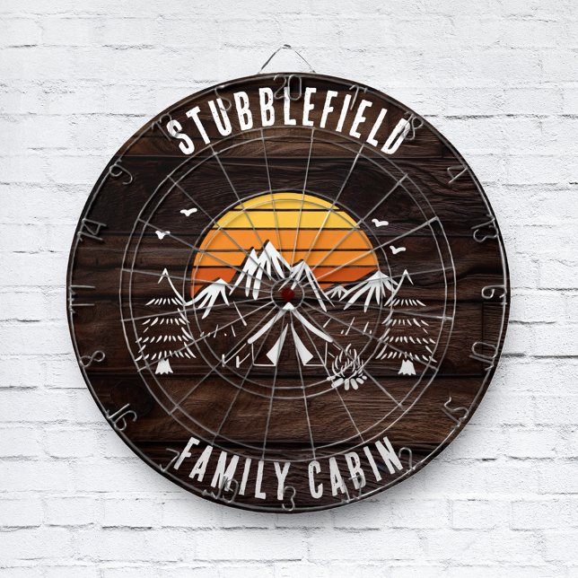 Retro Family Cabin Name Wood Look Custom Dartboard (Rustic Wood Look Retro DartBorad Family Cabin)