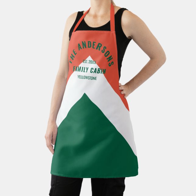 Retro Family Cabin Personalised Name Red Green  Apron (Insitu)