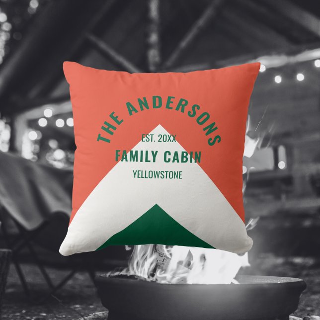 Retro Family Cabin Personalised Name Red Green Cushion (Creator Uploaded)