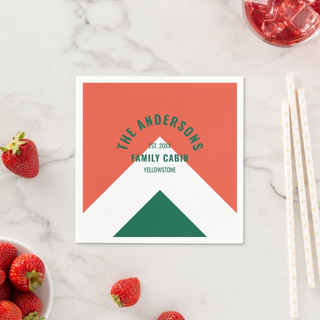 Retro Family Cabin Personalised Name Red Green Napkin (Insitu)