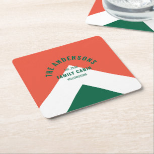 Retro Family Cabin Personalised Name Red Green Square Paper Coaster