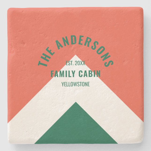 Retro Family Cabin Personalised Name Red Green  Stone Coaster (Front)