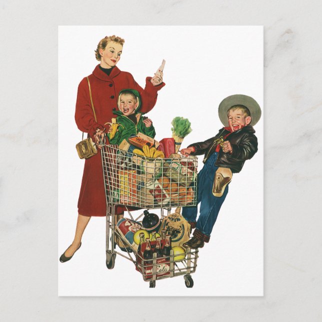 Retro Family, Mom and Kids Grocery Shopping Cart Postcard (Front)