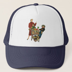 Retro Family, Mum and Kids, Cart Grocery Shopping Trucker Hat
