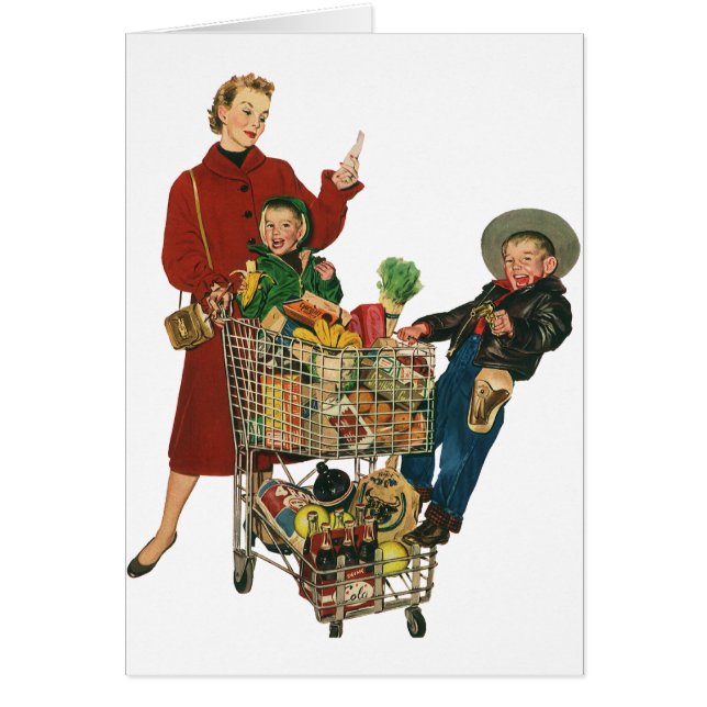 Retro Family, Mum and Kids Grocery Shopping Cart (Front)