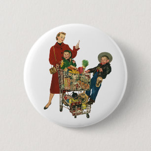 Retro Family, Mum and Kids Grocery Shopping Cart 6 Cm Round Badge