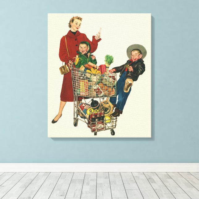 Retro Family, Mum and Kids Grocery Shopping Cart Canvas Print (Insitu(Wood Floor))