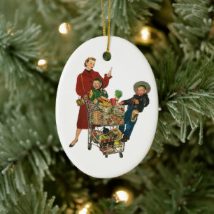 Retro Family, Mum and Kids Grocery Shopping Cart Ceramic Tree Decoration