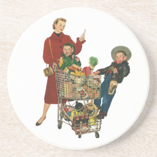 Retro Family, Mum and Kids Grocery Shopping Cart Coaster