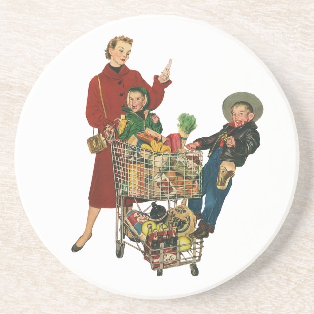 Retro Family, Mum and Kids Grocery Shopping Cart Coaster (Front)