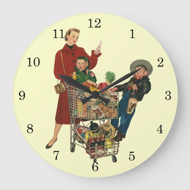 Retro Family, Mum and Kids Grocery Shopping Cart Large Clock (Front)