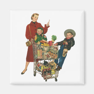 Retro Family, Mum and Kids Grocery Shopping Cart Magnet