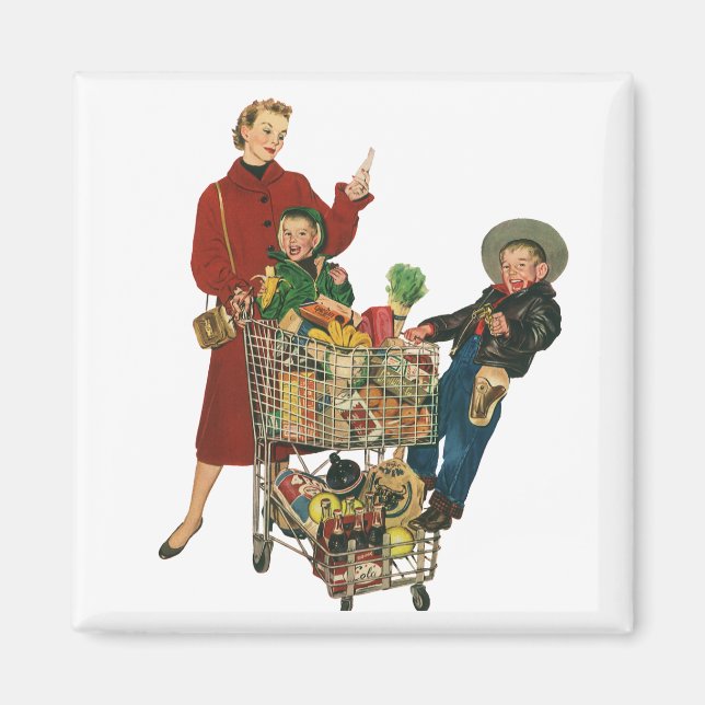 Retro Family, Mum and Kids Grocery Shopping Cart Magnet (Front)