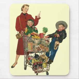 Retro Family, Mum and Kids Grocery Shopping Cart Mouse Pad